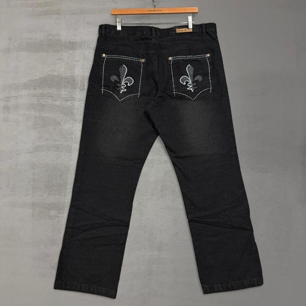 Y2K Indigo 30 Jeans‎ Black Fleur De Lis Embroidered Baggy Streetwear 36 x 31